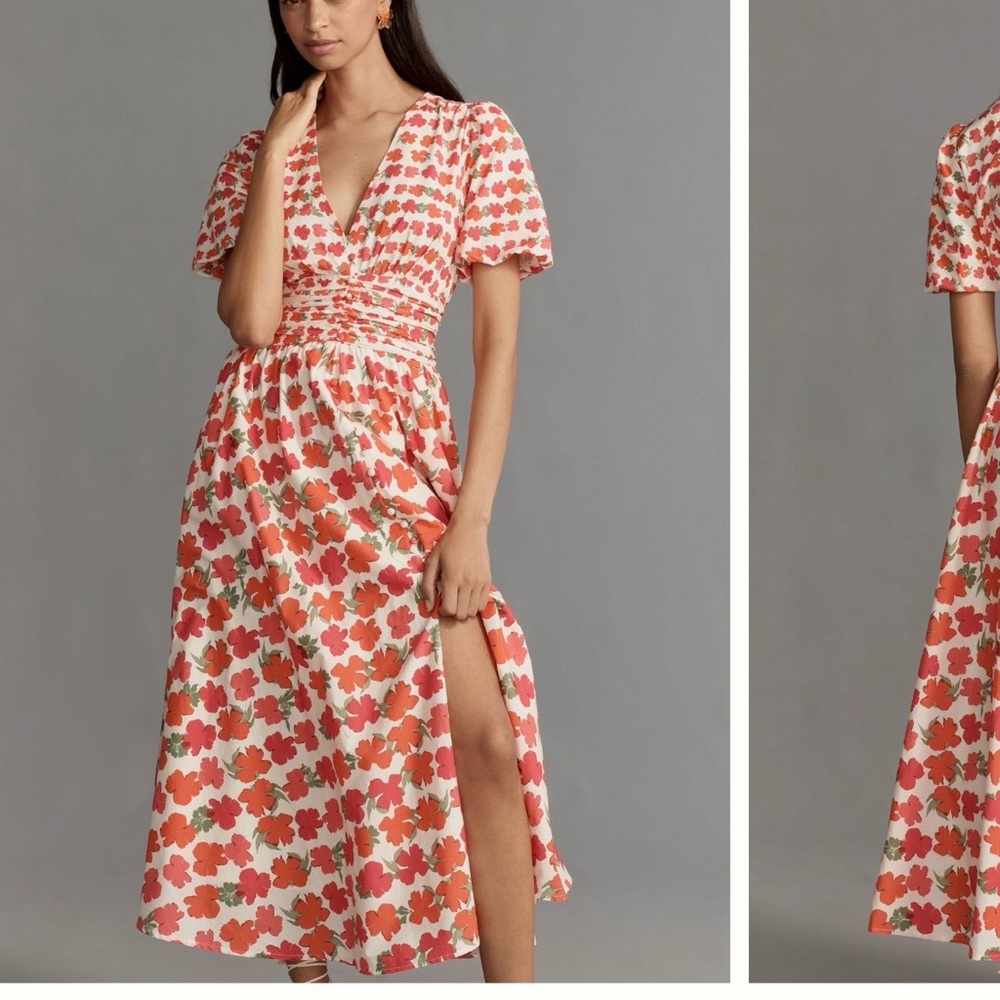 Anthropologie Coral Floral Maxi Dress with Cream Base